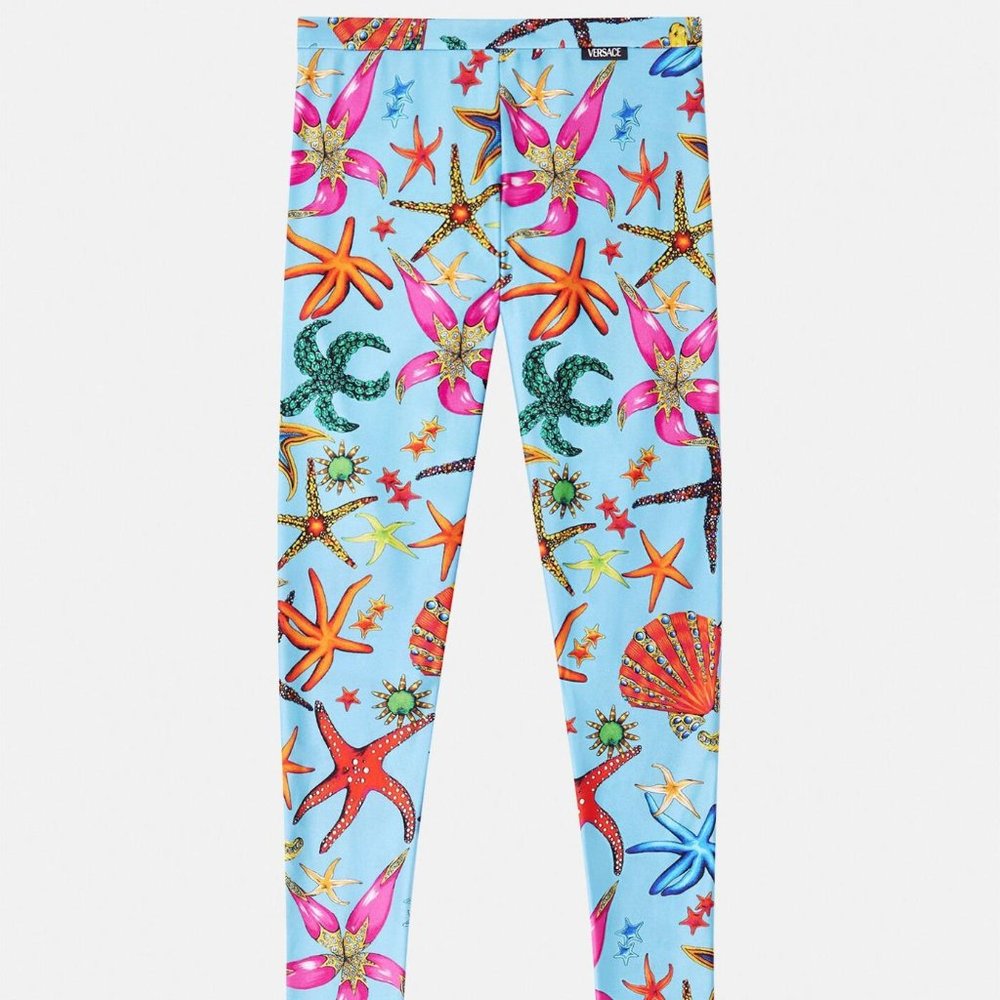 Authentic Versace Trésor de la Mer-Star Fish print silk Leggings Blue